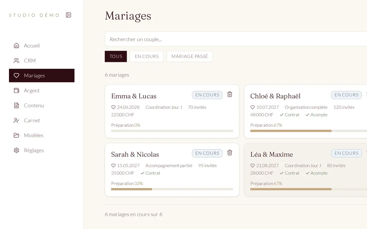 JC Planner · liste des mariages avec date, formule, budget et avancement de la préparation