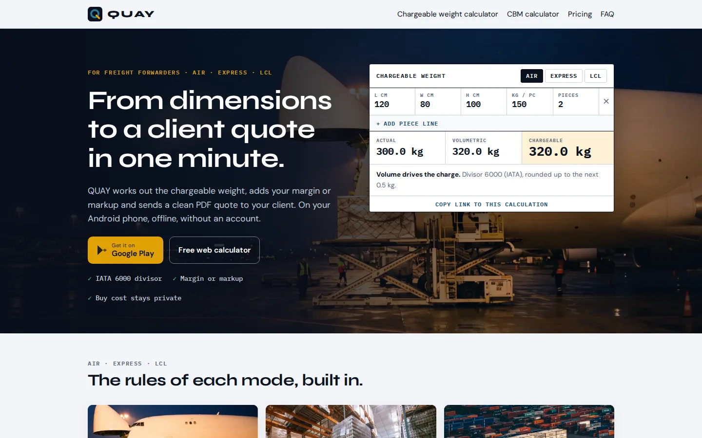 Site QUAY · calculateur de poids taxable et lien vers l'application sur Google Play