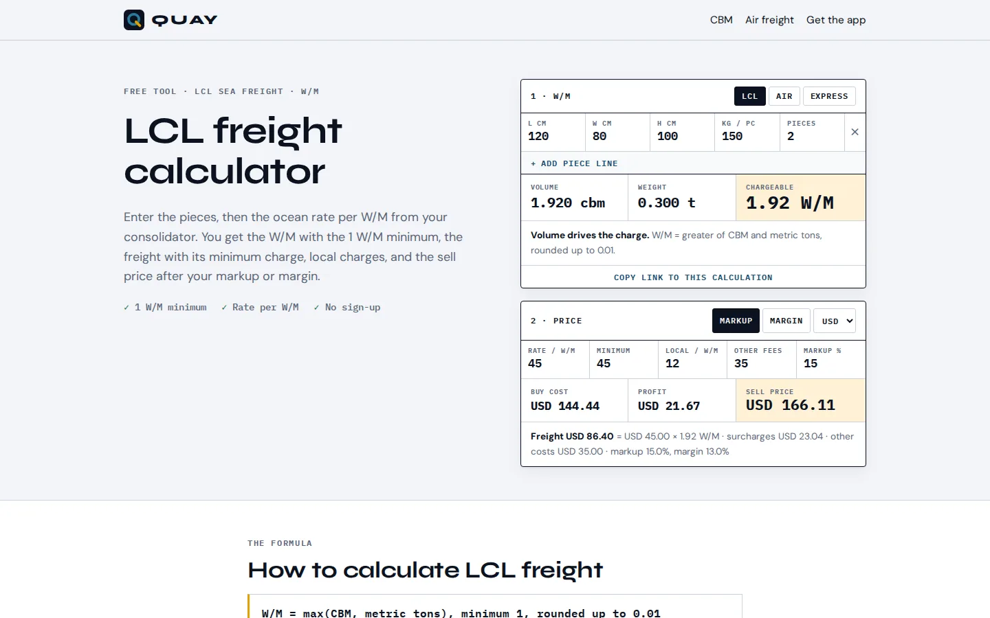 Calculateur de groupage maritime : W/M, coût d'achat, marge et prix de vente