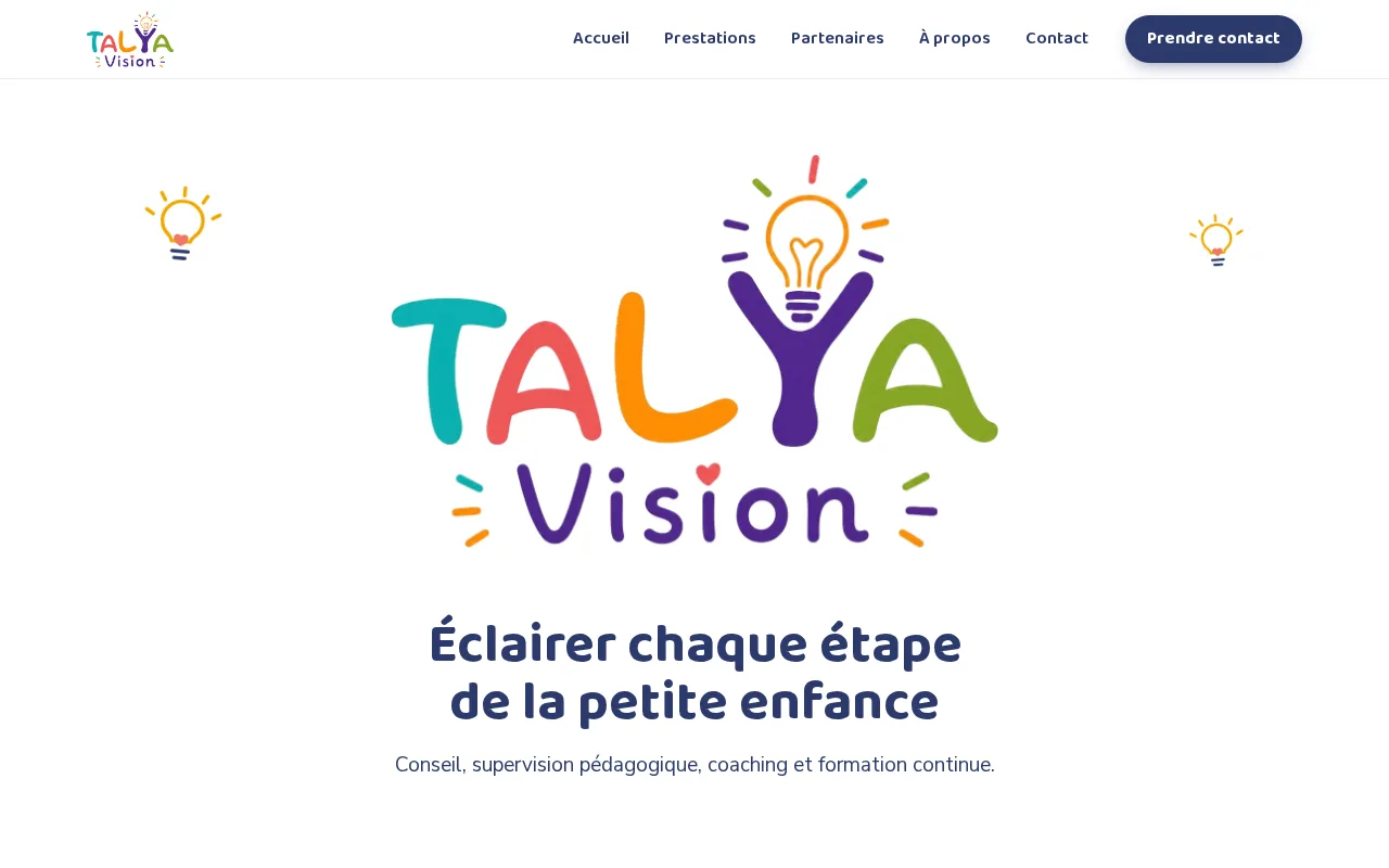 Page d'accueil TALYA Vision · logo coloré et promesse « Éclairer chaque étape de la petite enfance »