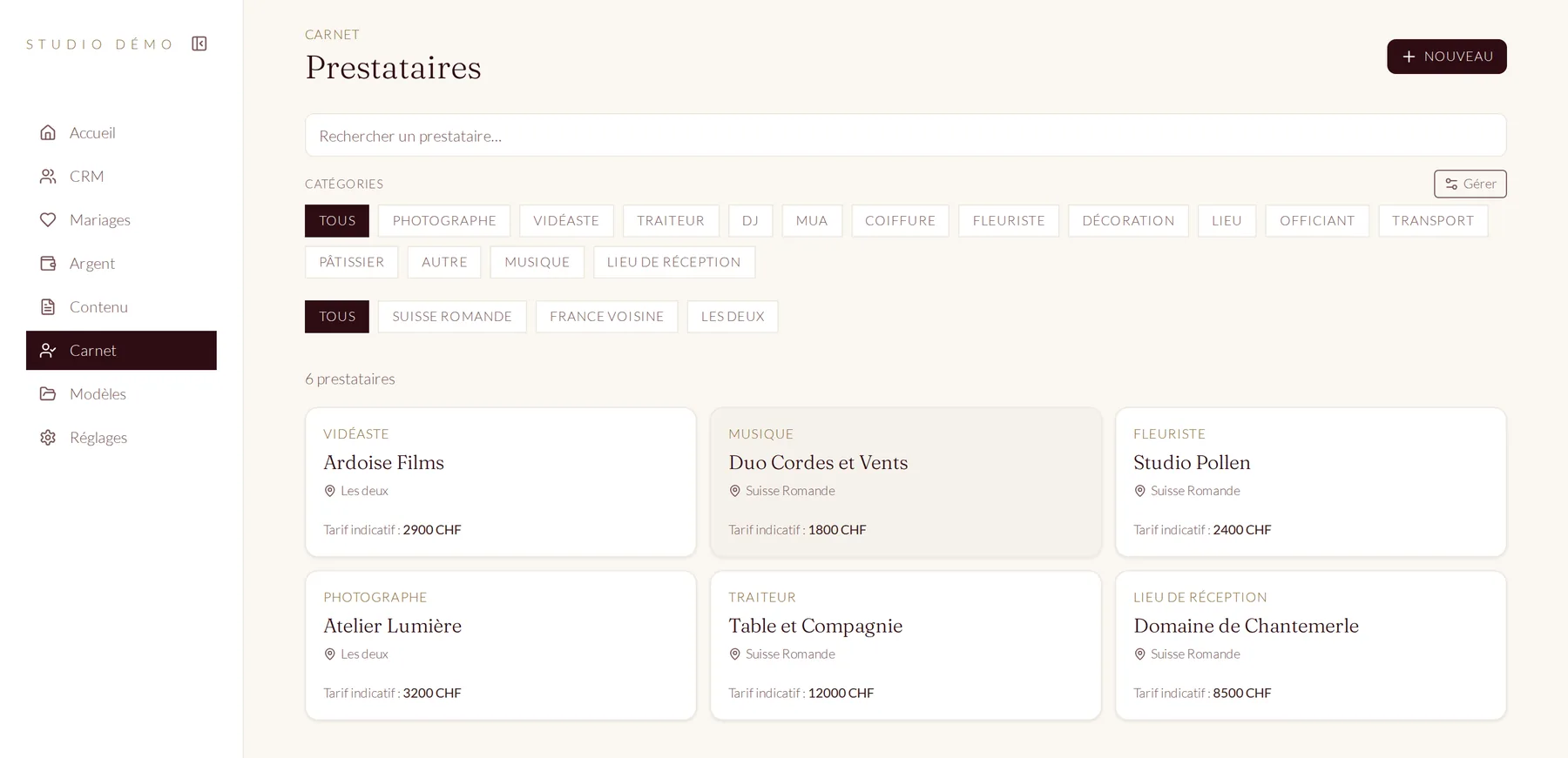 Carnet de prestataires classé par métier, avec la zone géographique et le tarif indicatif