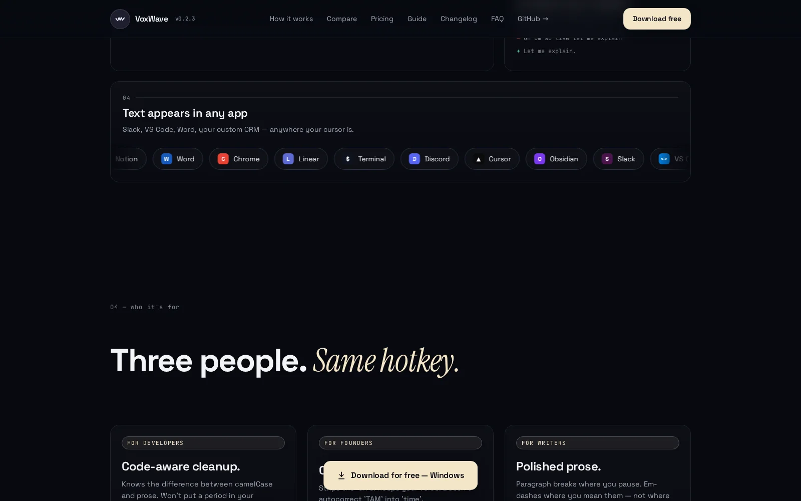 Section du site VoxWave montrant la compatibilité avec Slack, VS Code, Word, Notion et plus