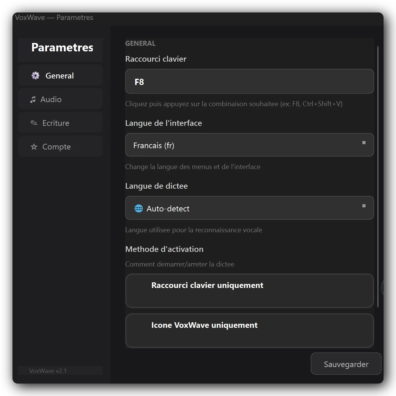 Interface des réglages VoxWave · raccourci clavier, langue, mode d'activation